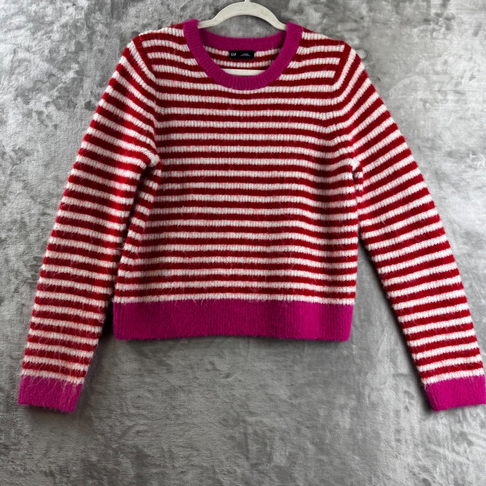 Gap Striped Sweater Womens Large Red White Pink Fuzzy Knit Crewneck (1702)